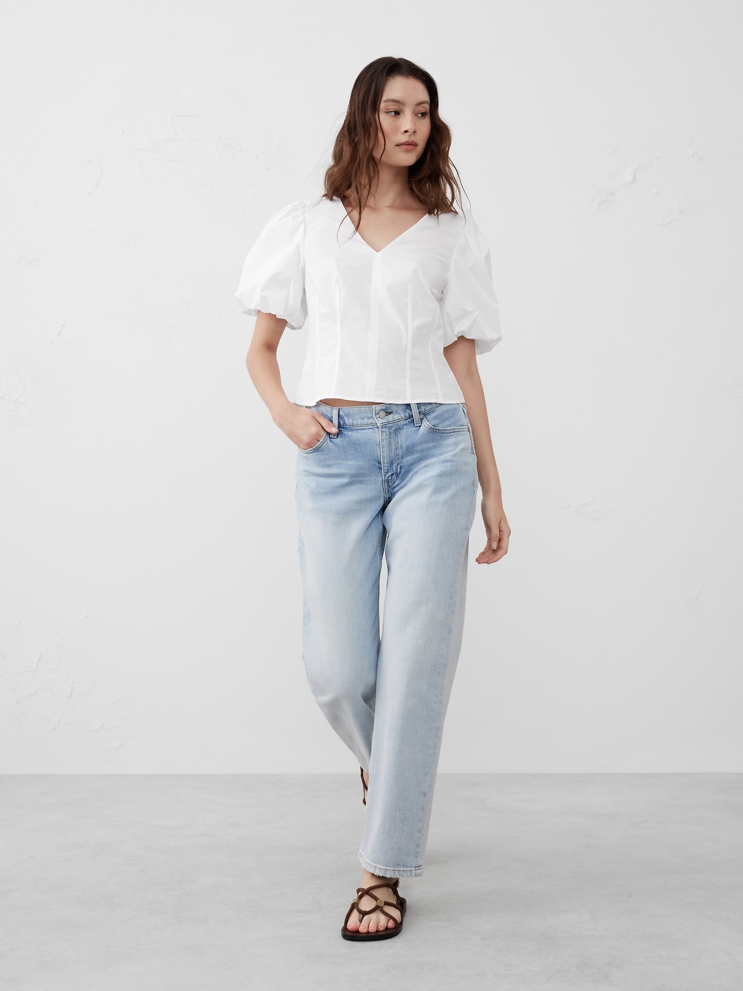 Bubble-Sleeve Seamed Poplin Top