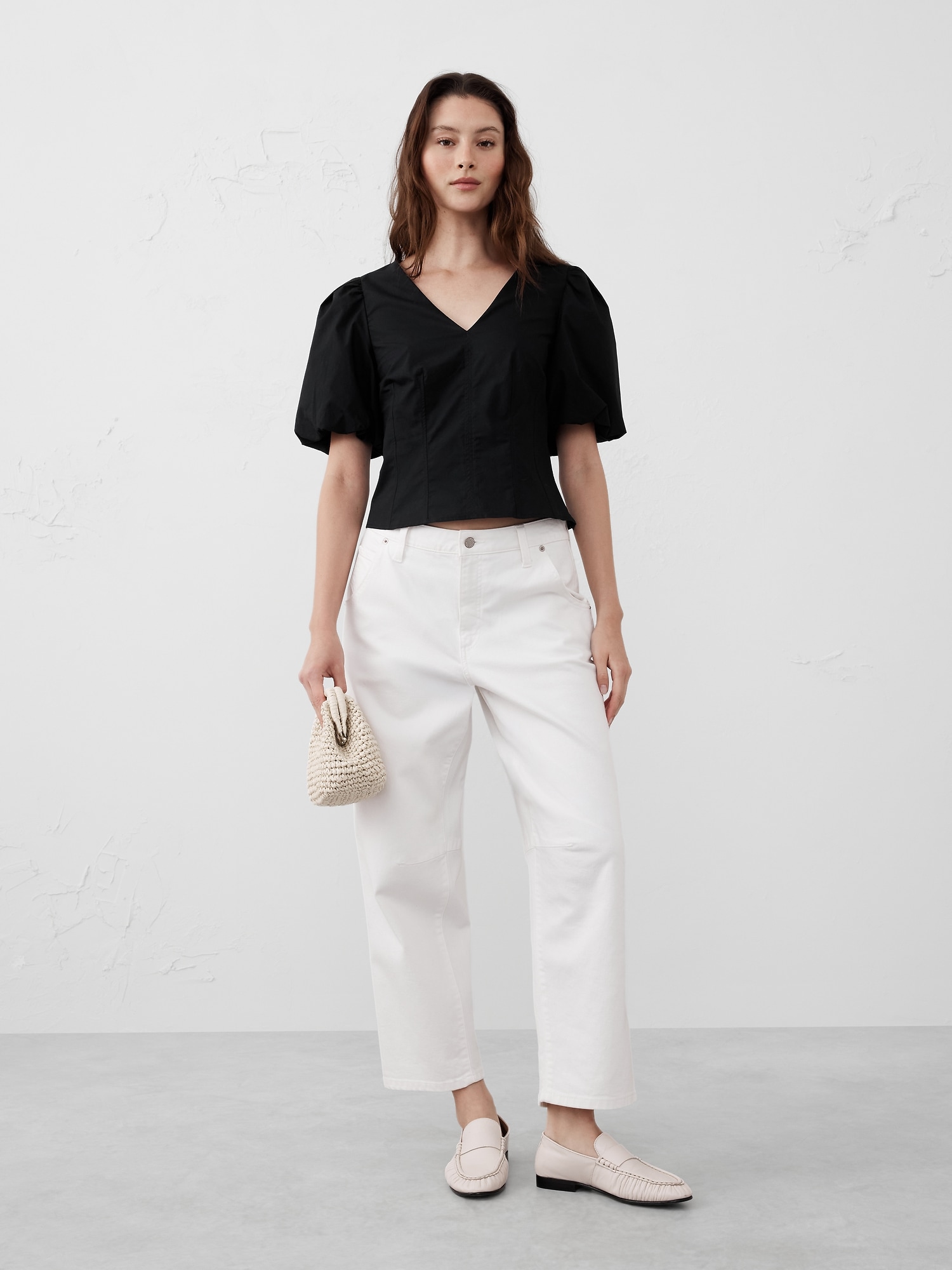 Bubble-Sleeve Seamed Poplin Top