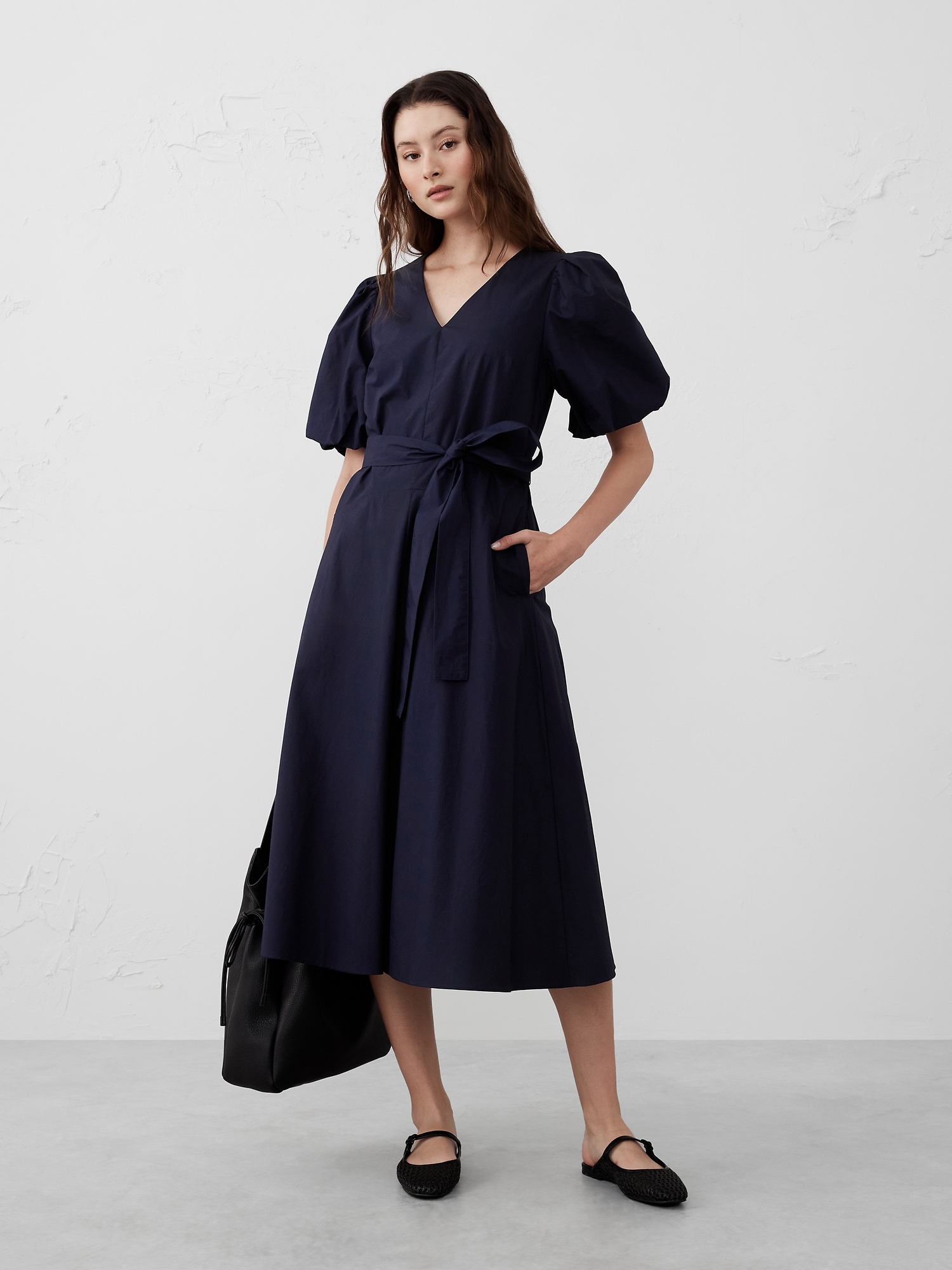 Puff-Sleeve Poplin Midi Dress