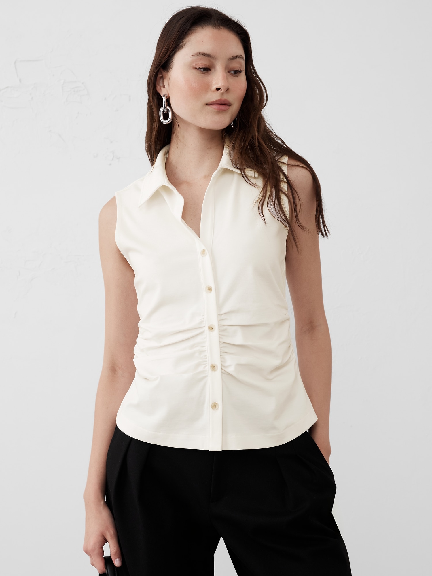 Shirred-Waist Ponte Top