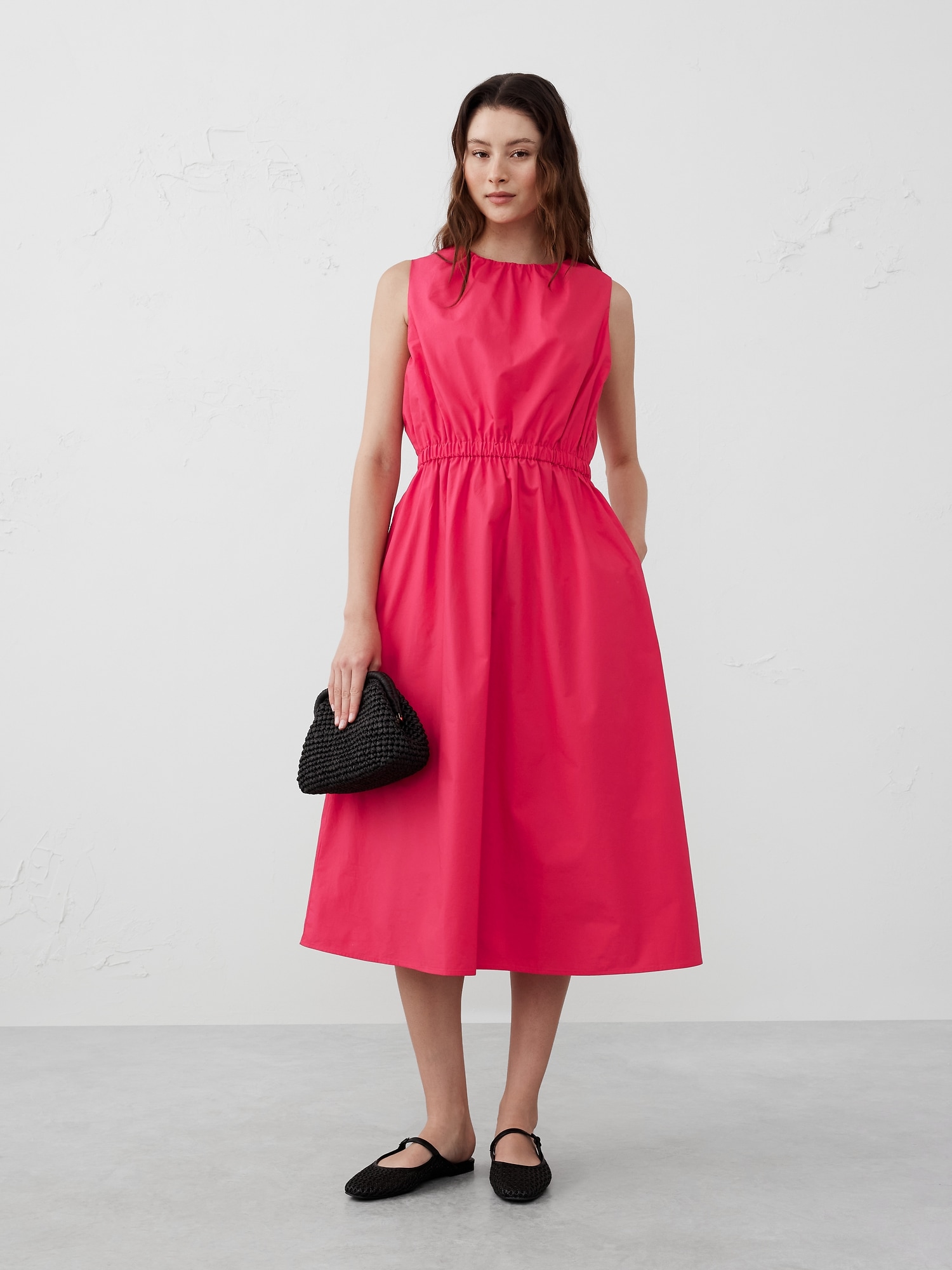 Gathered Elastic-Waist Midi Dress