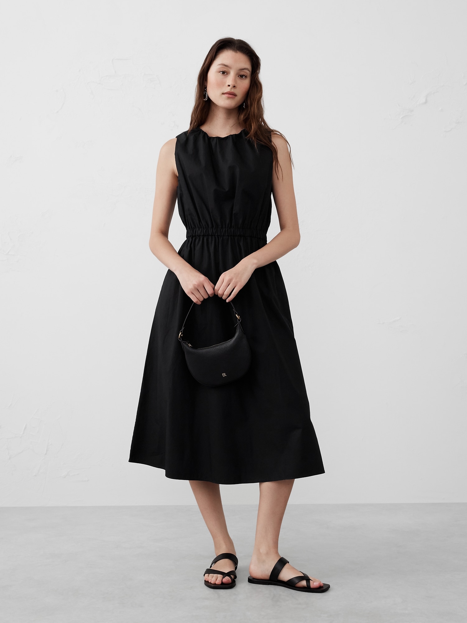 Gathered Elastic-Waist Midi Dress