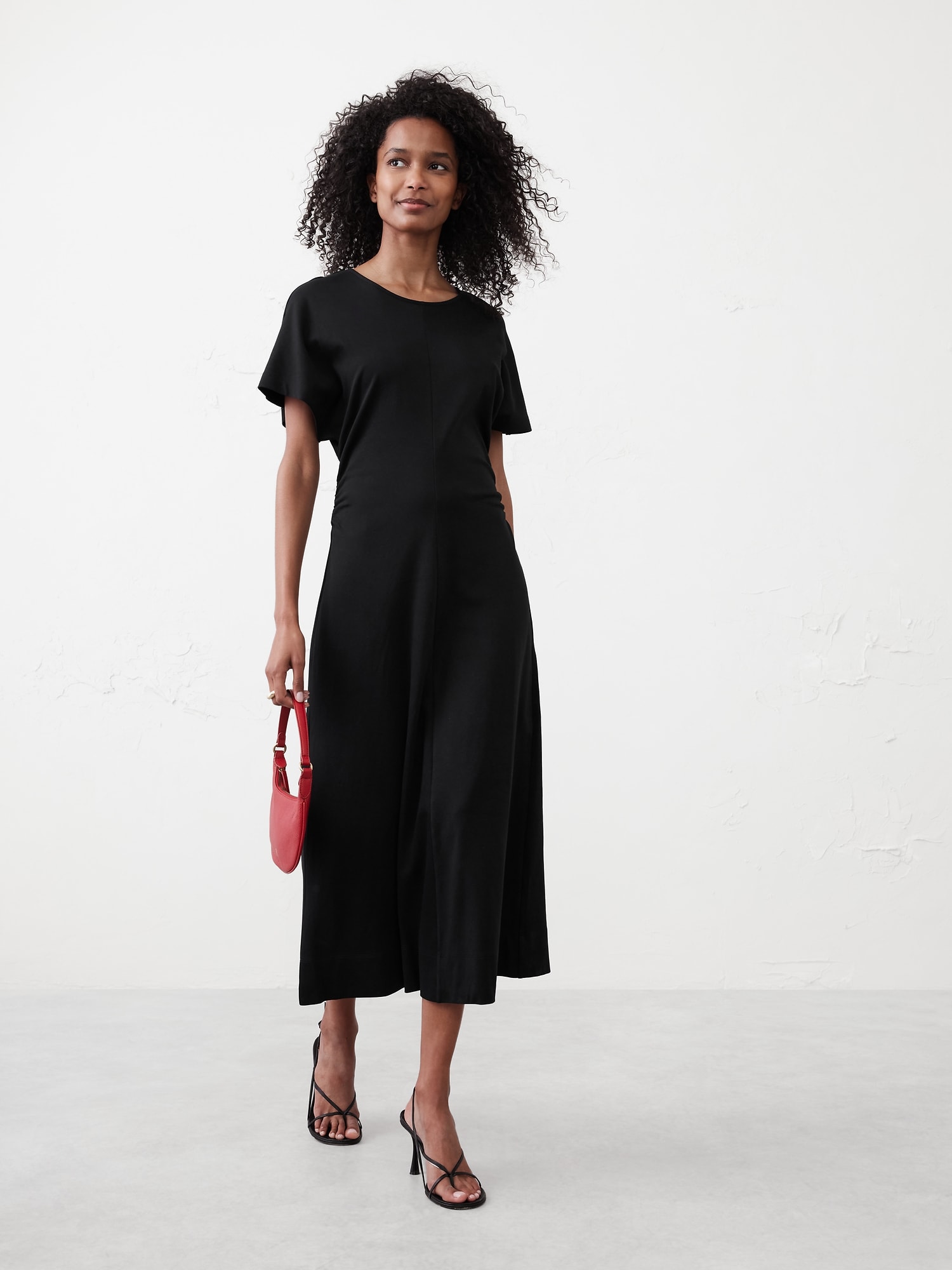 Side Shirred Knit Midi Dress