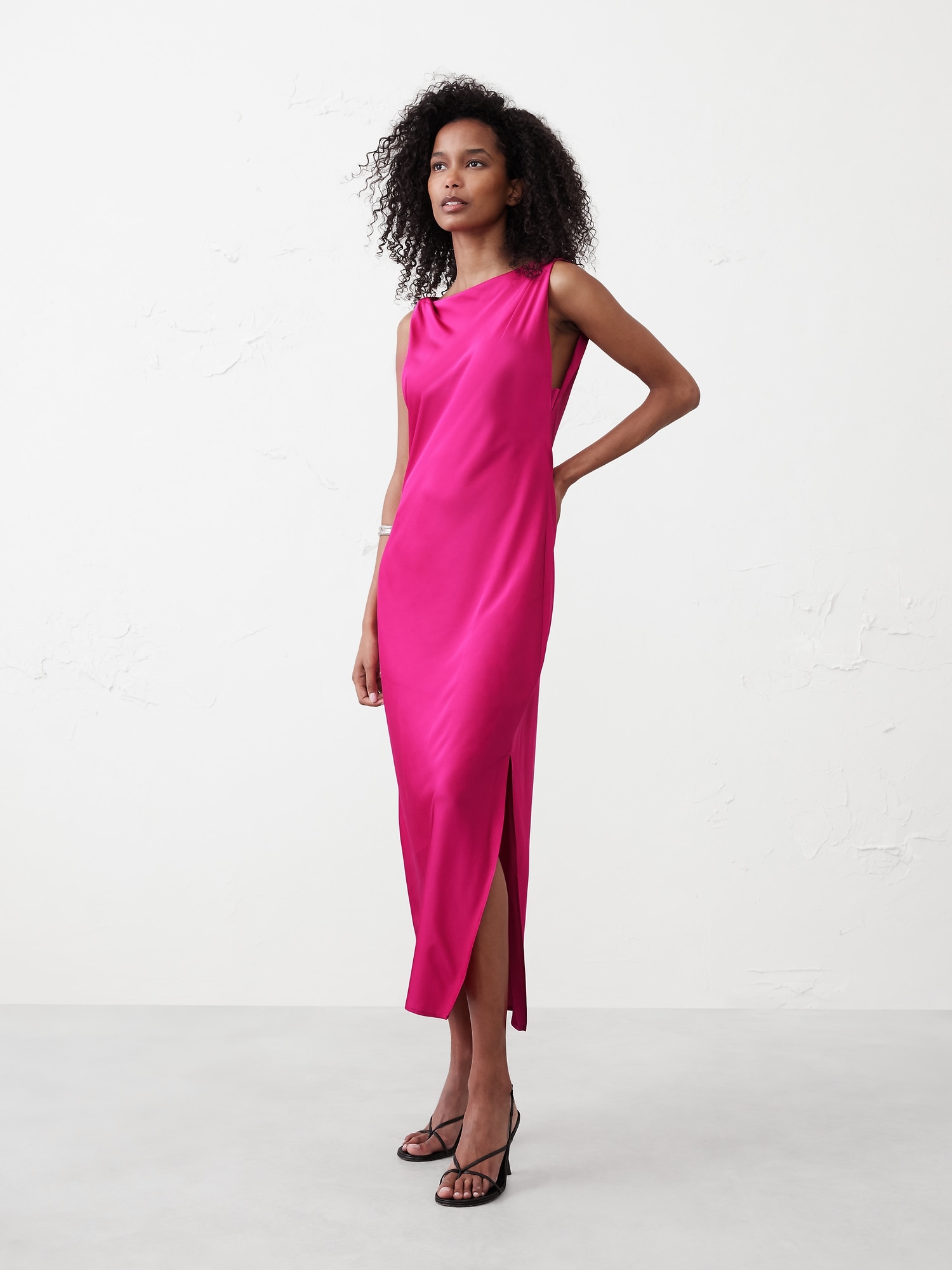 Satin Twist Shoulder Maxi Dress - Pink