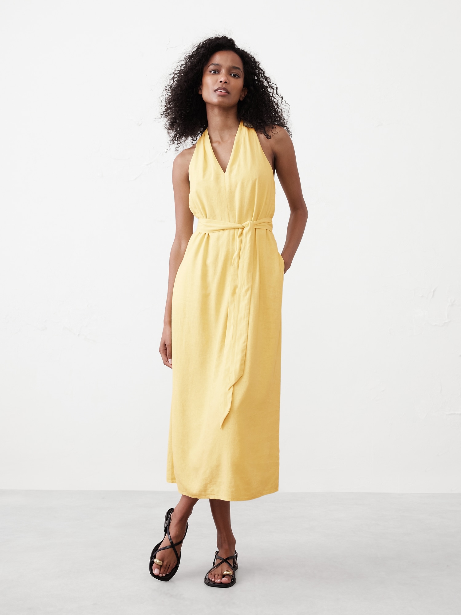 Linen-Blend Twist-Back Midi Dress