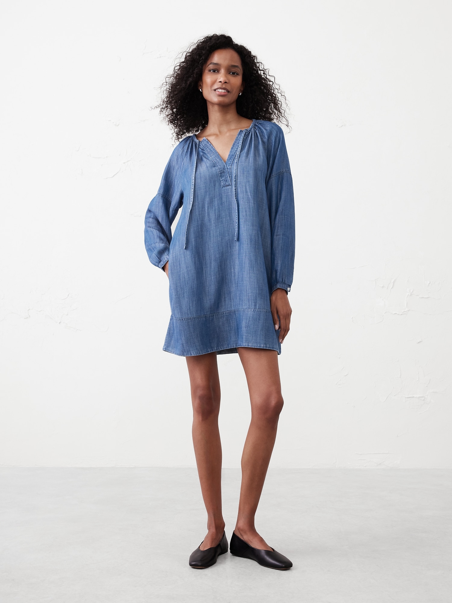 Tie-Neck Chambray Mini Dress