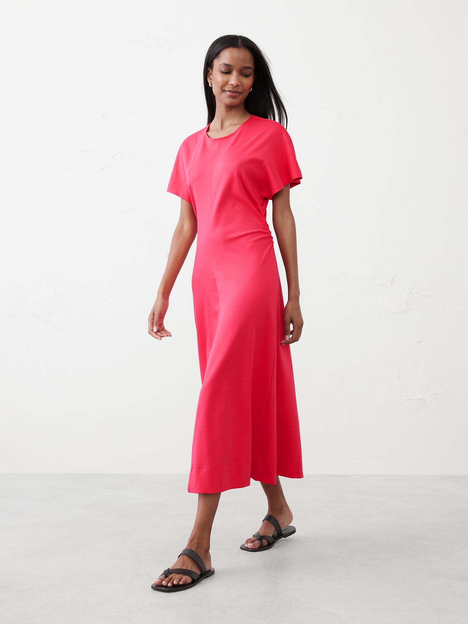 Side Shirred Knit Midi Dress