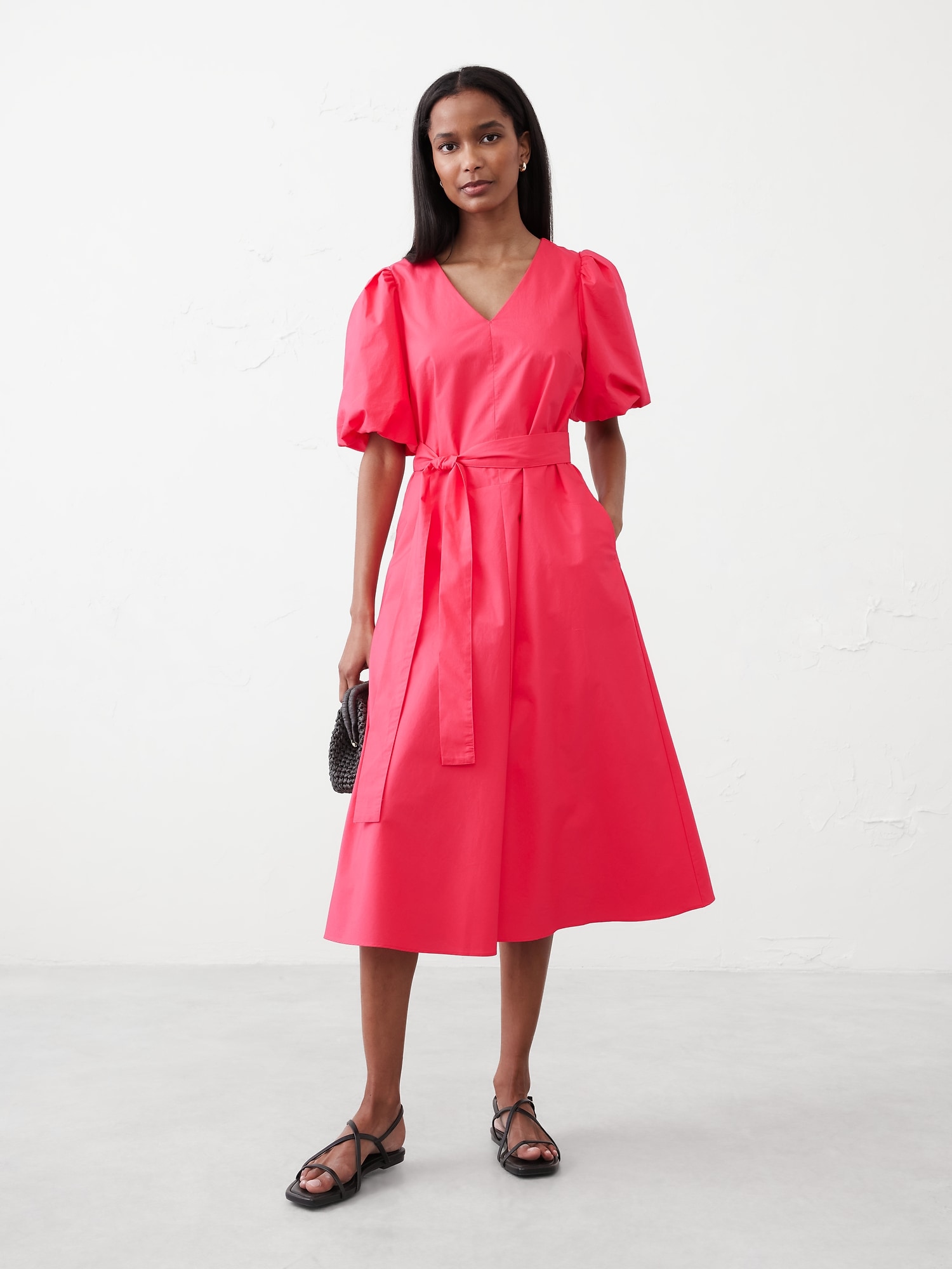 Puff-Sleeve Poplin Midi Dress