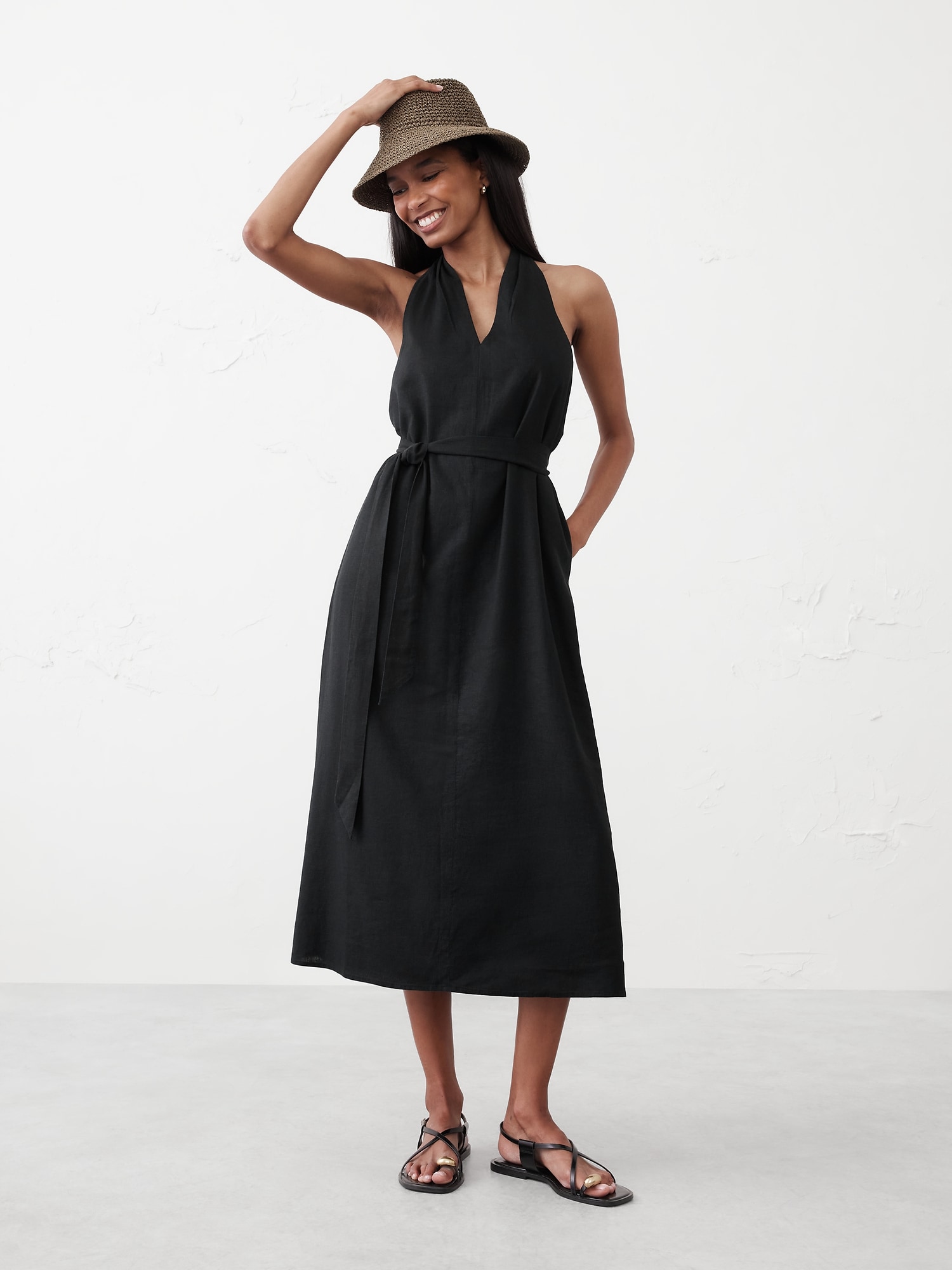 Linen-Blend Twist-Back Midi Dress