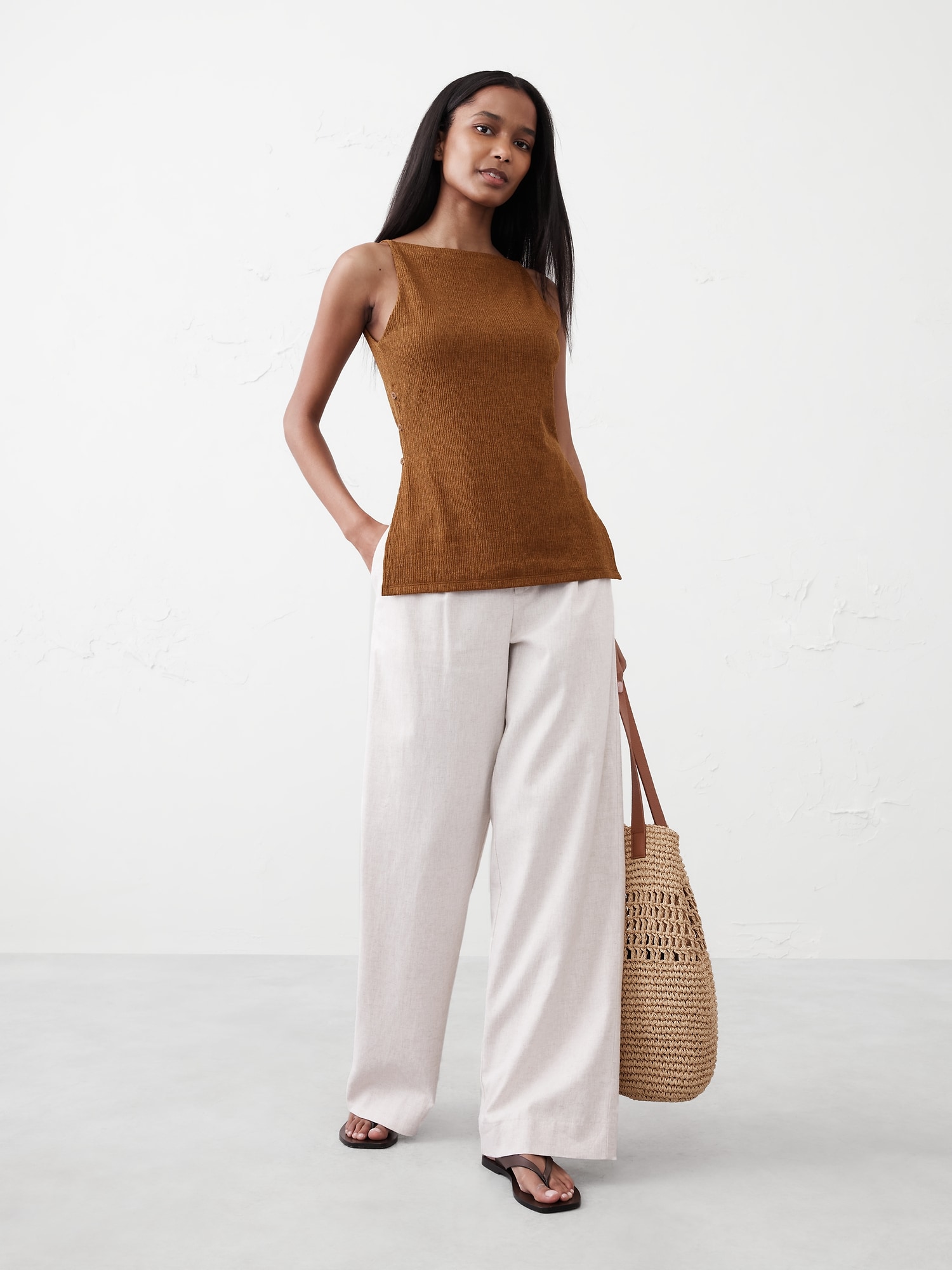 Straight-Neck Crepe Jacquard Top