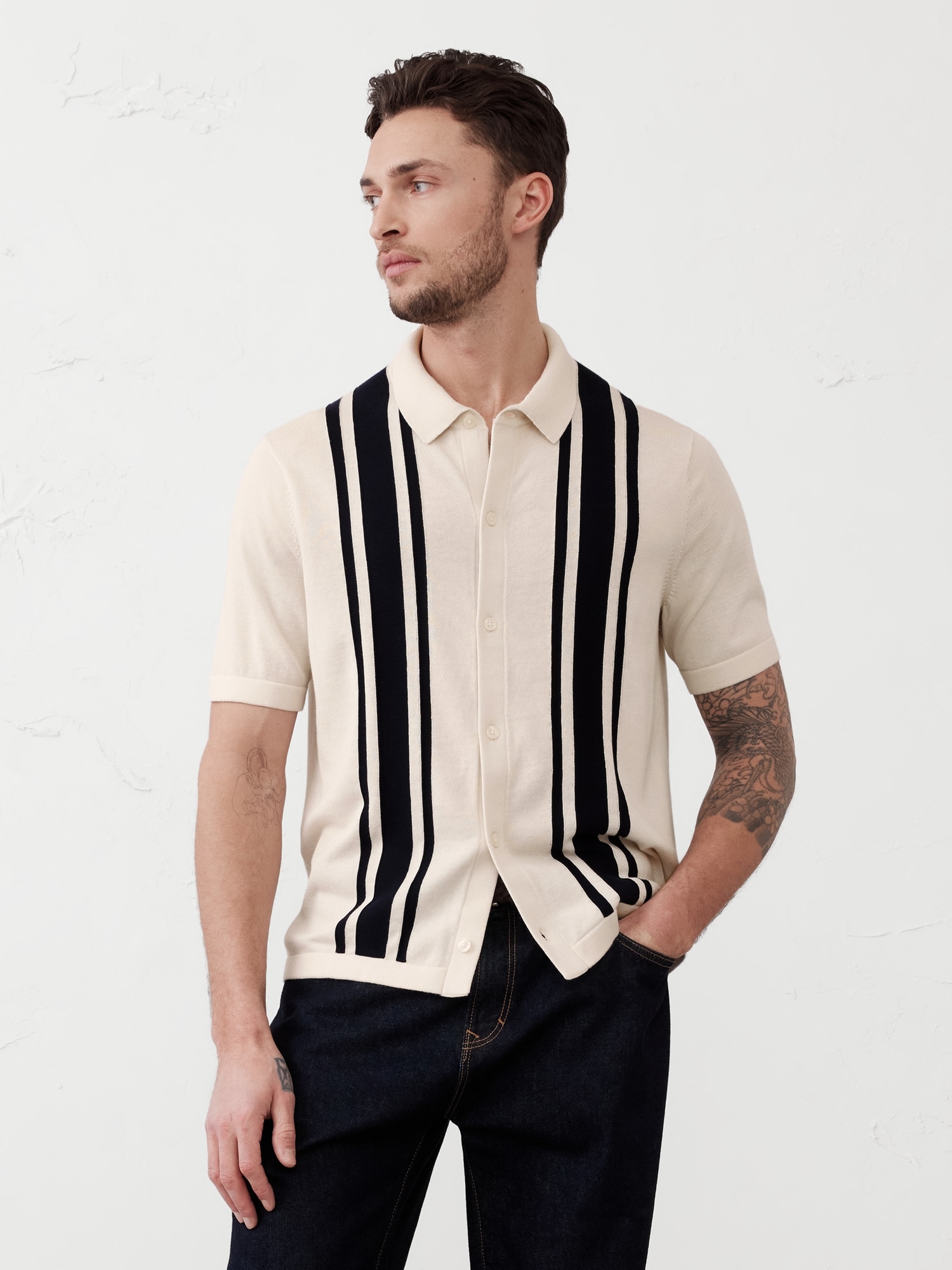 Button-Down Vertical Striped Polo - White