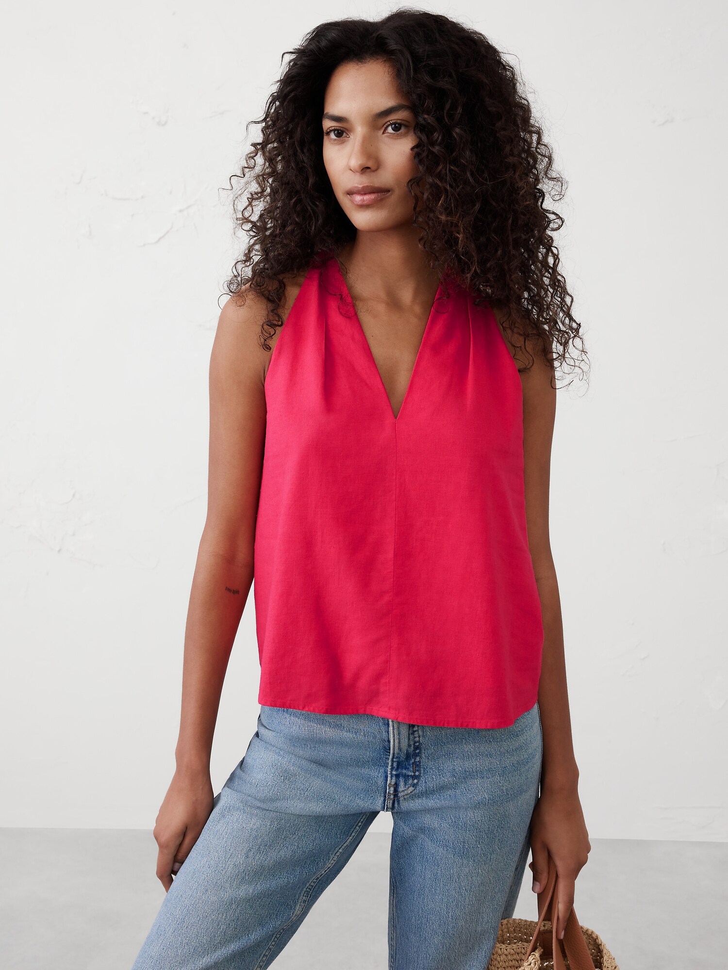 Linen-Blend V-Neck Top