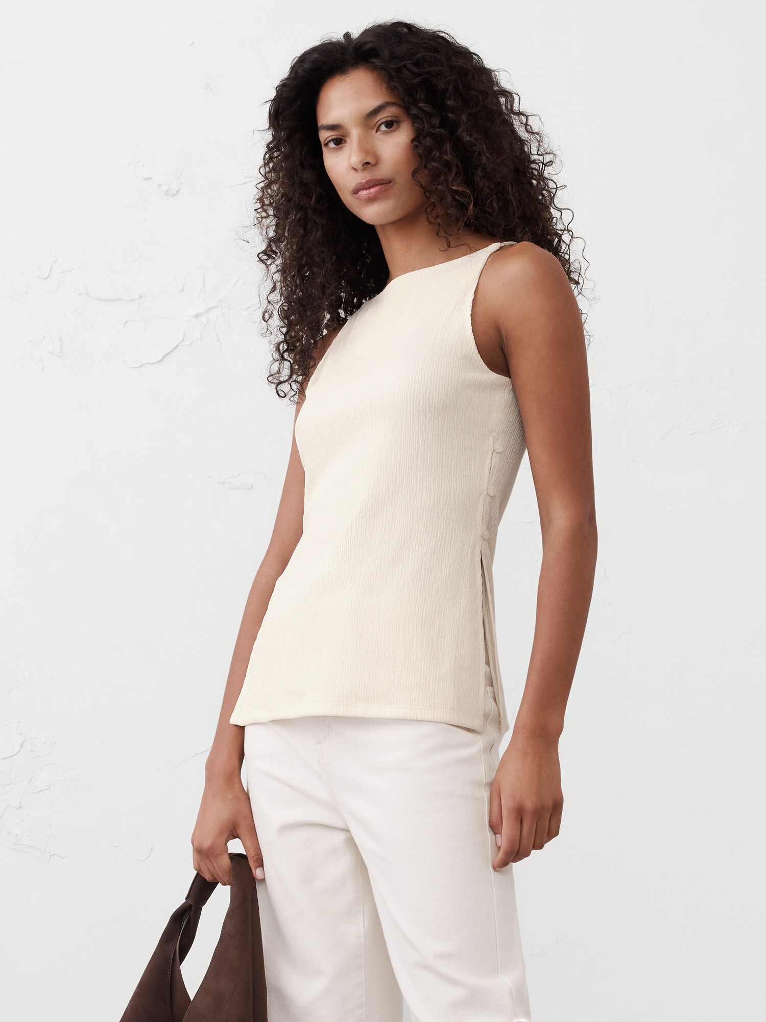 Straight-Neck Crepe Jacquard Top
