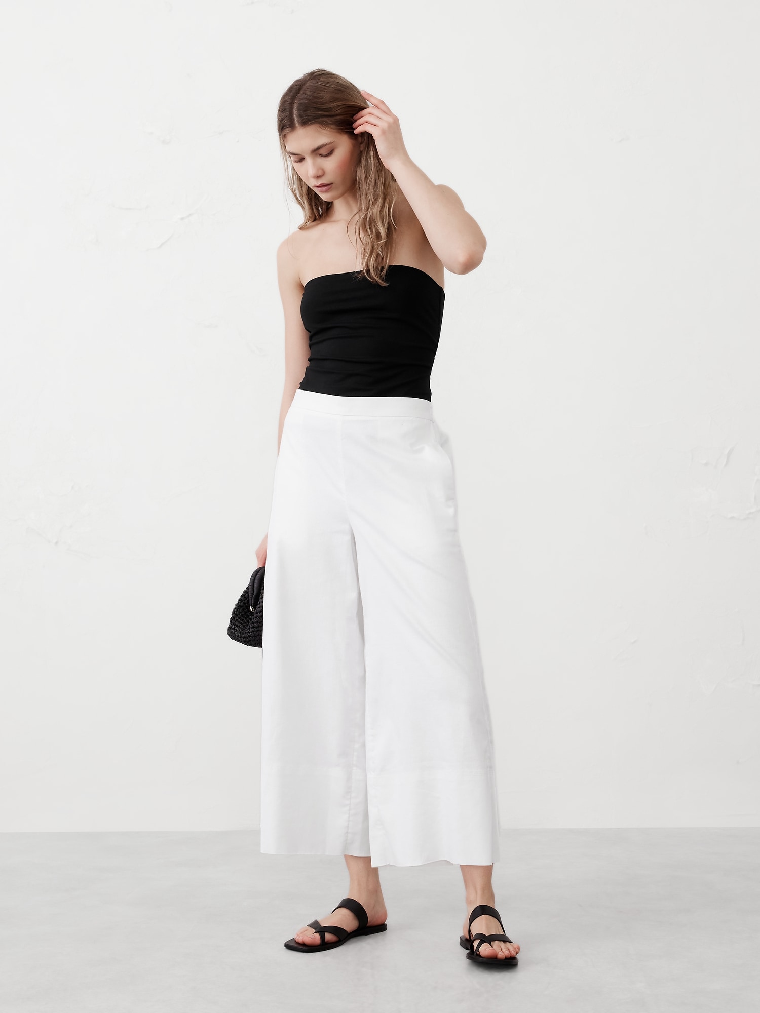 Linen-Blend Wide-Leg Cropped Pull-On Pant - White