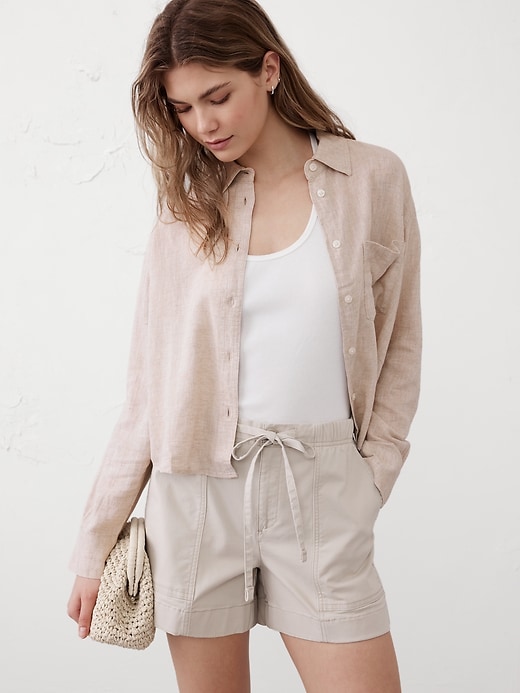 売れ筋商品|||ダナキャランニューヨーク カットソー トップス レディース Women's Linen-Blend Cropped Long-Sleeve Shirt Powder Blue/Ivory Cropped Linen Blend Shirt | DKNY