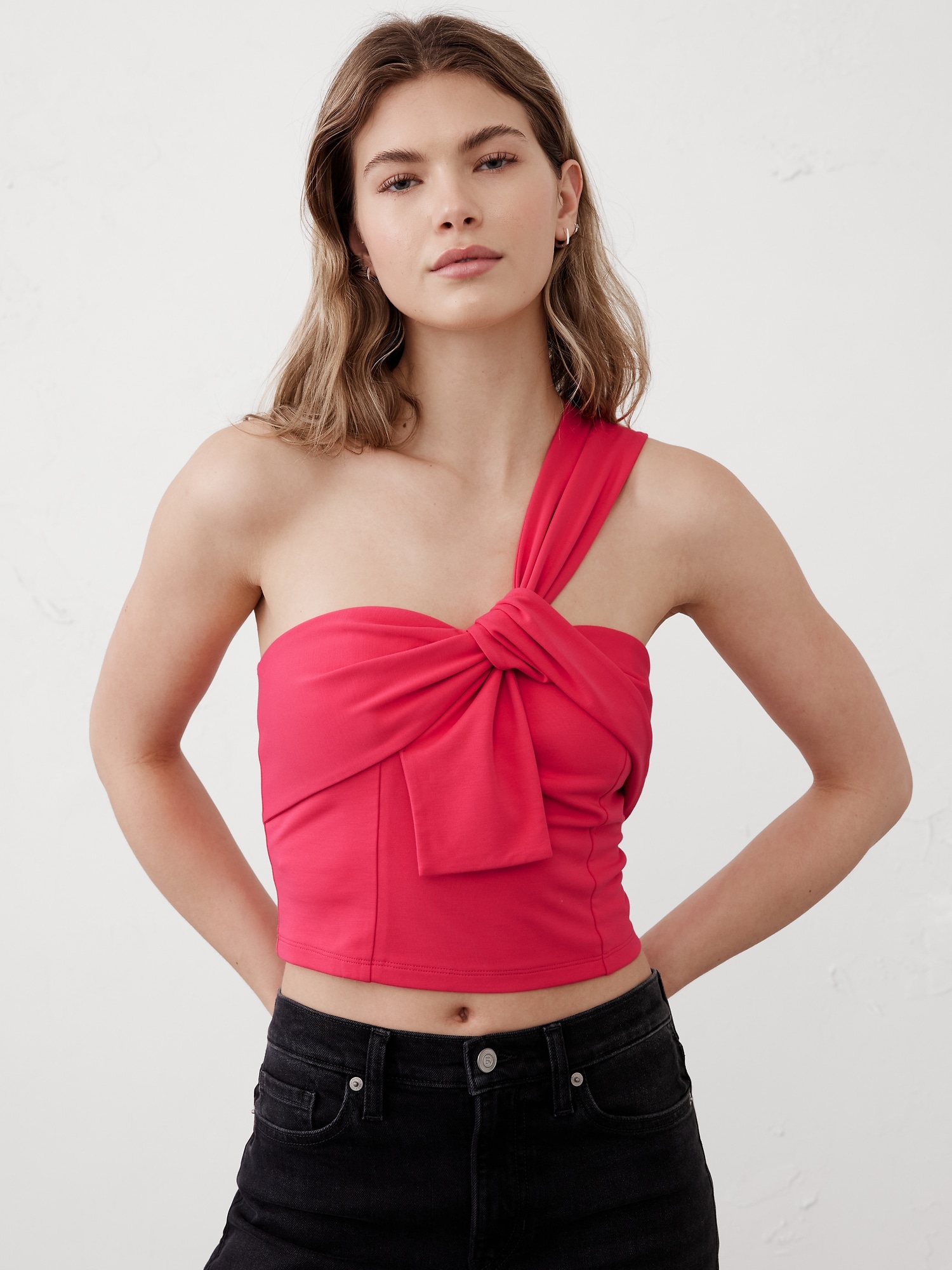 Knotted One-Shoulder Cropped Bustier