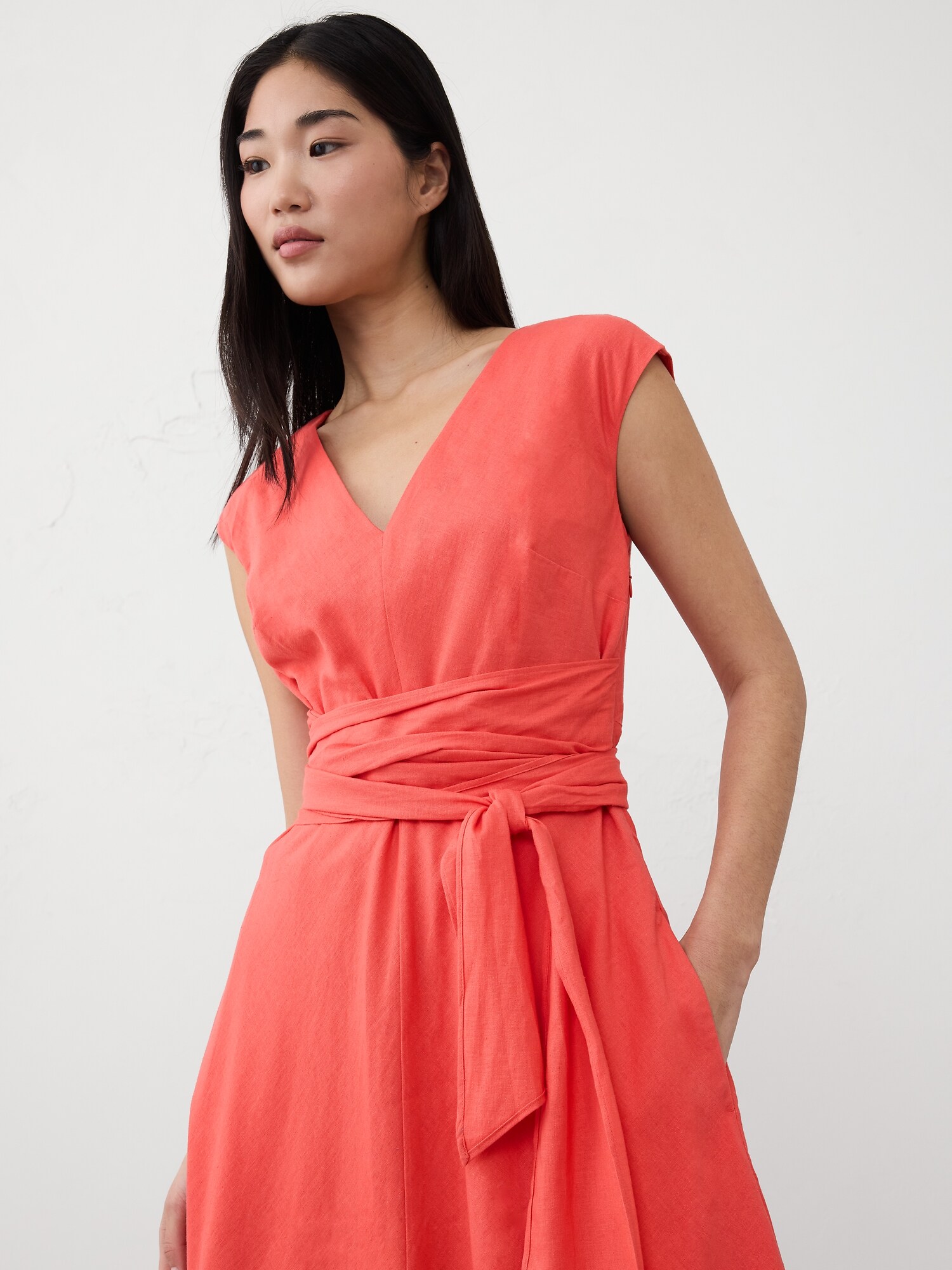 Linen-Blend Wrap Midi Dress