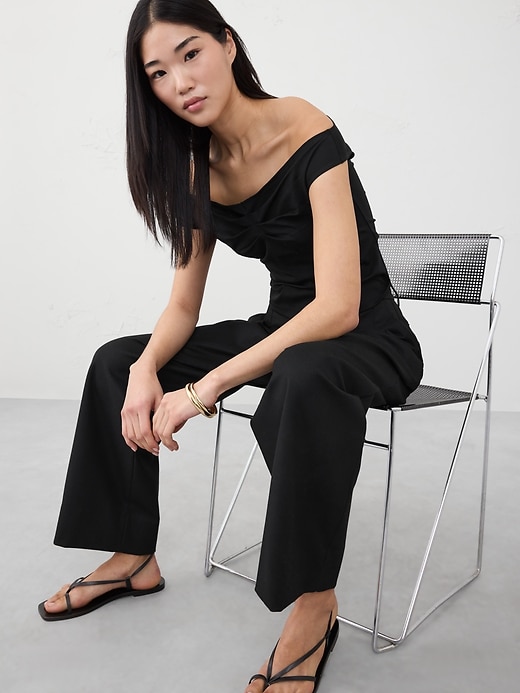 Soft Stretch Shirred-Waist Boat-Neck Top