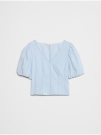 Bubble-Sleeve Seamed Poplin Top