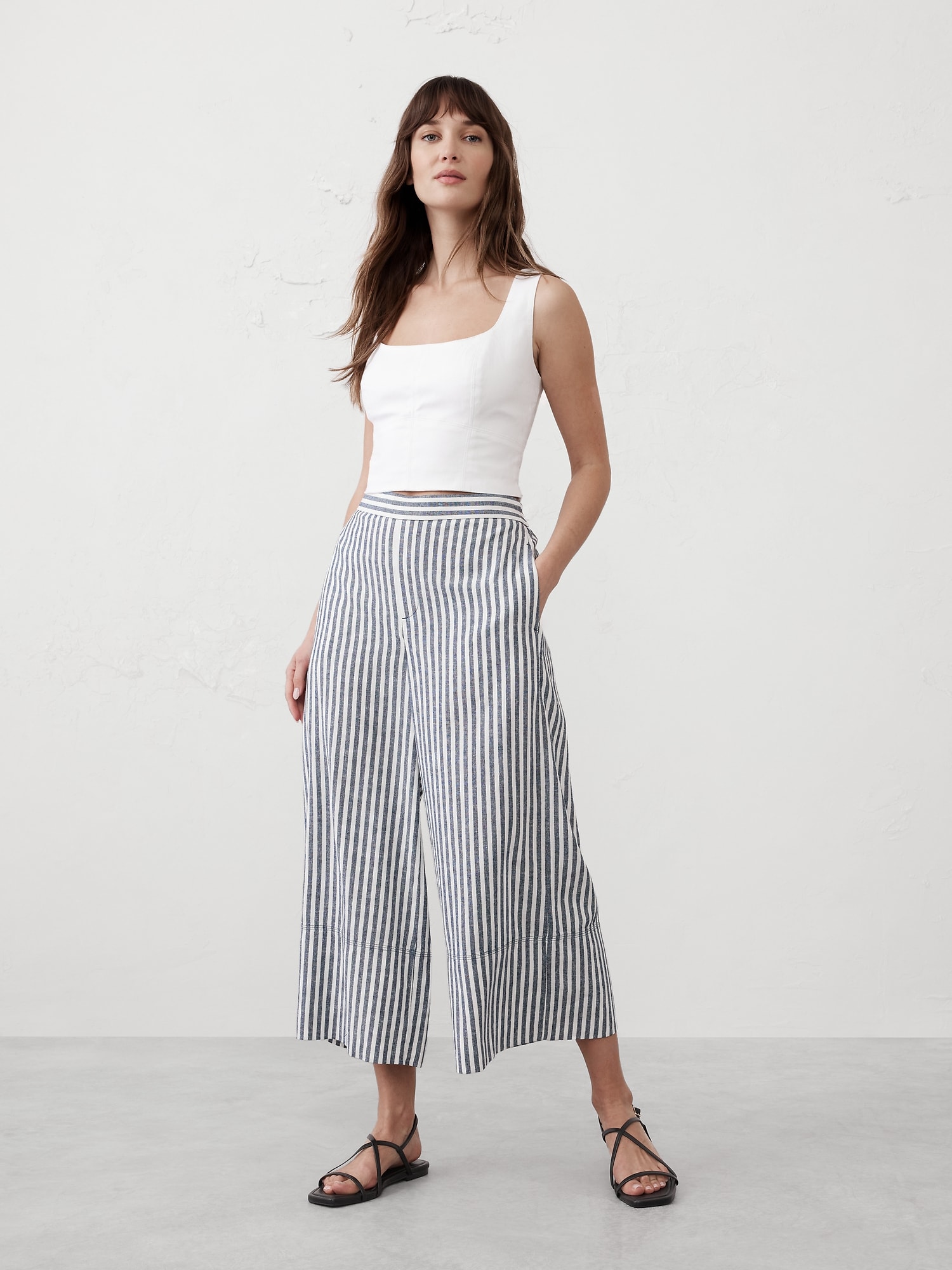 Linen-Blend Wide-Leg Cropped Pull-On Pant - Blue