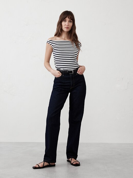 Soft Stretch Shirred-Waist Boat-Neck Top