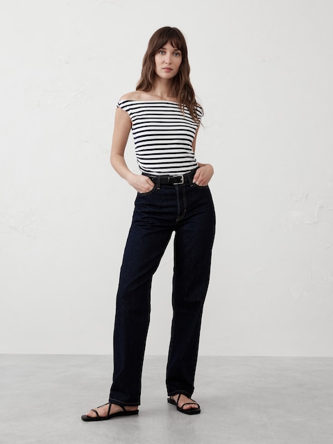 Soft Stretch Shirred-Waist Boatneck Top