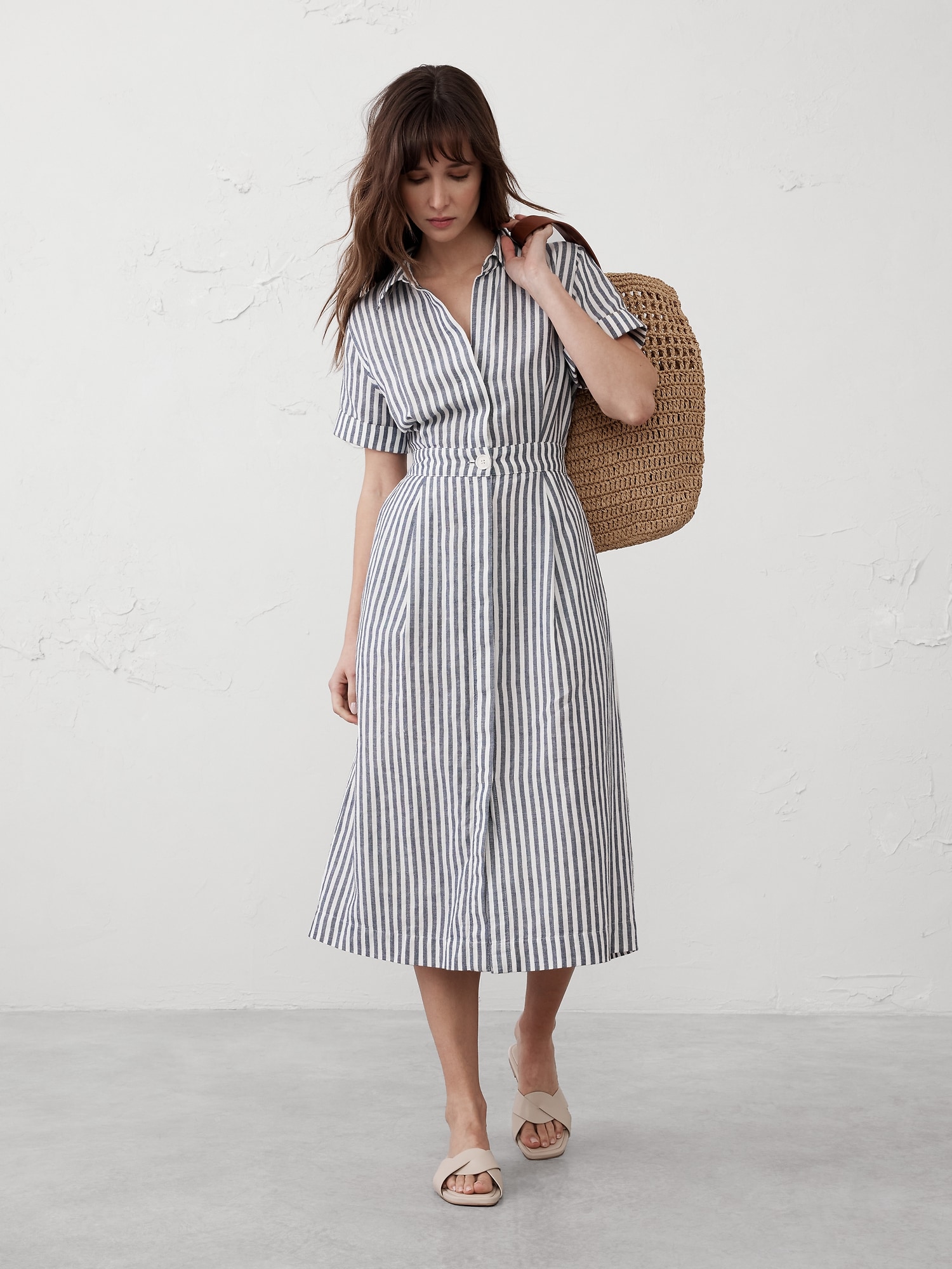 Linen-Blend Midi Shirtdress