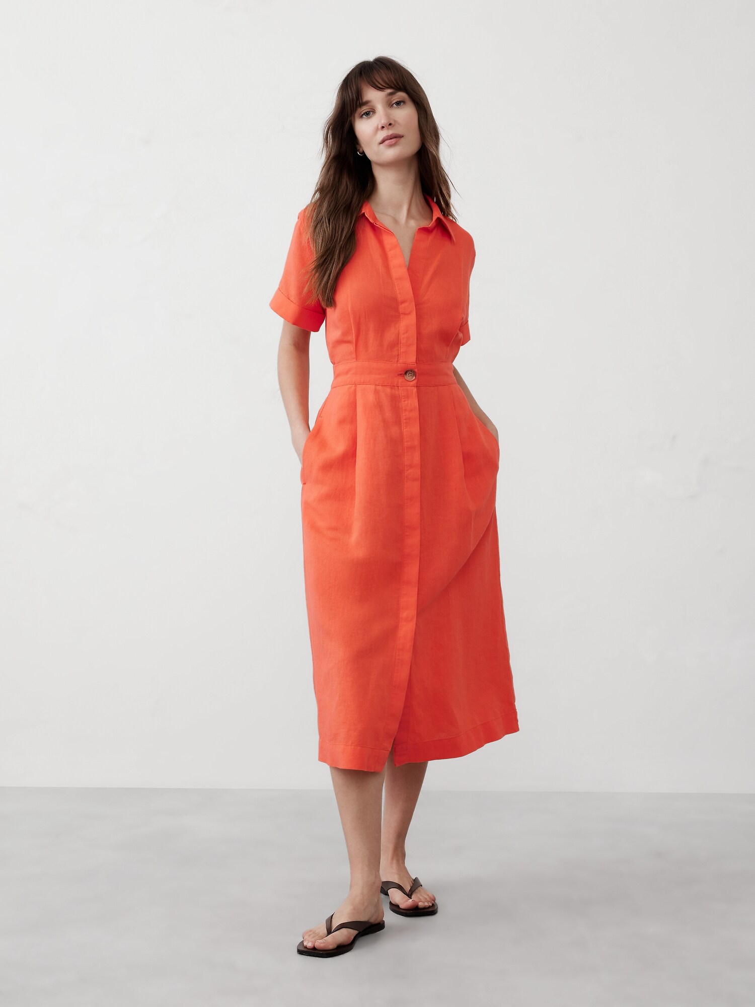 Linen-Blend Midi Shirtdress
