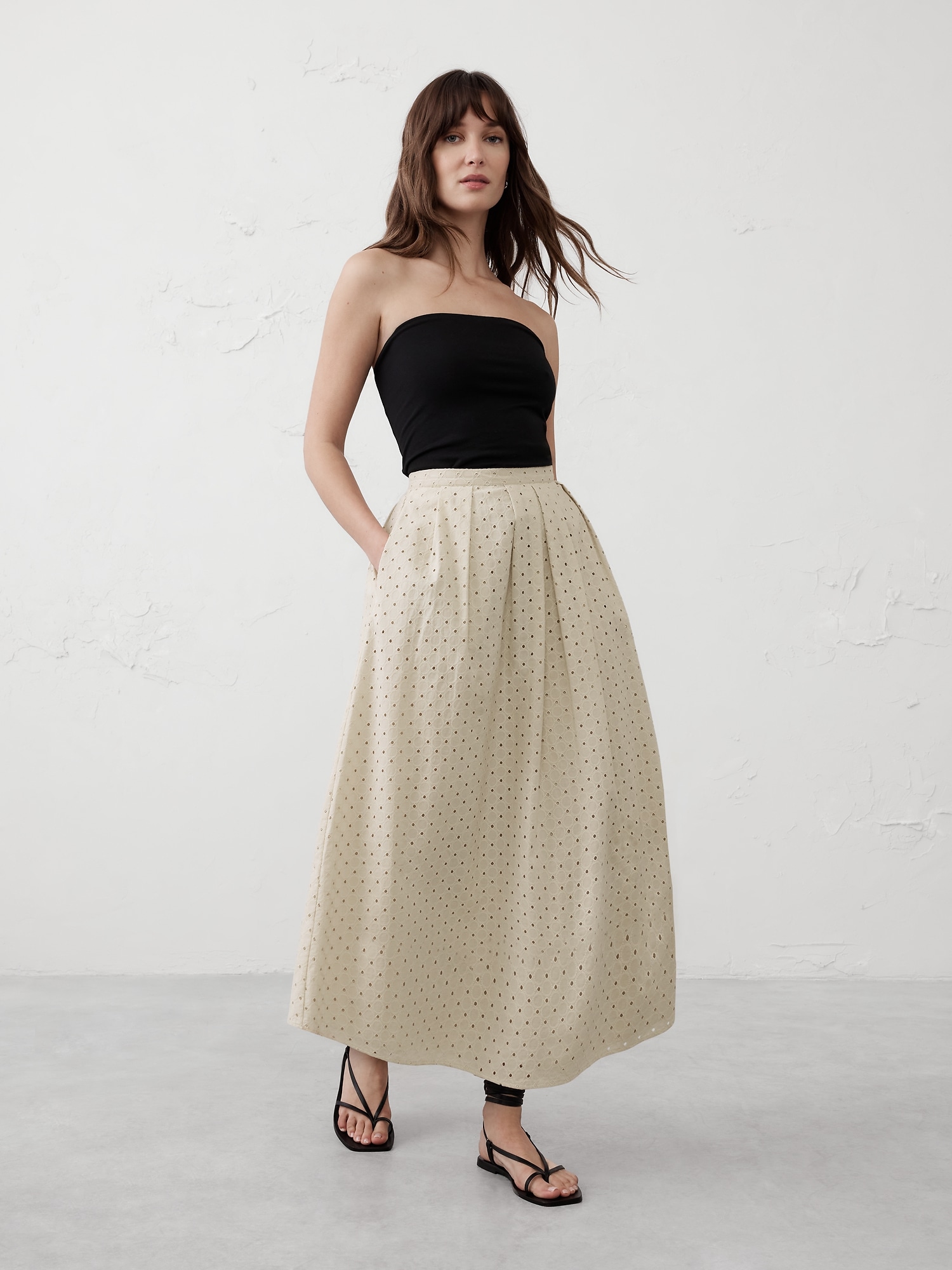 Pleated Eyelet Midi Skirt