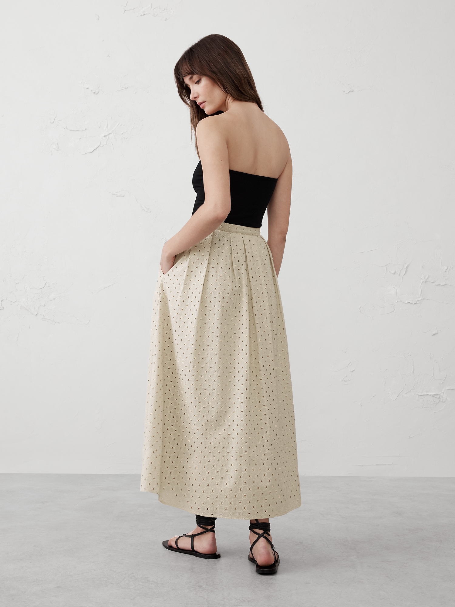 Pleated Eyelet Midi Skirt