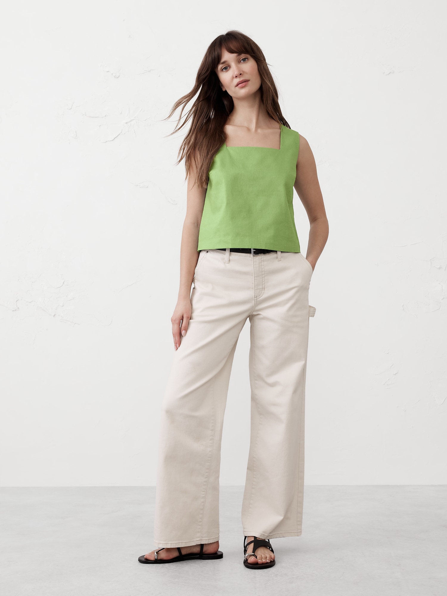 Linen-Blend Square-Neck Top