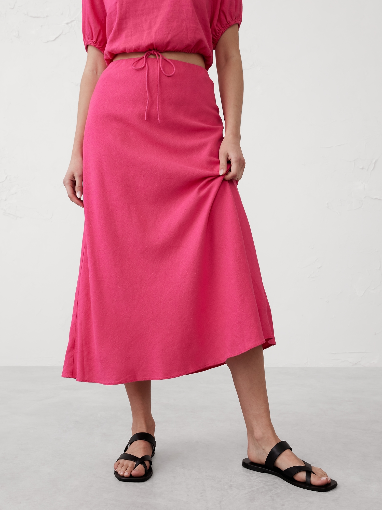 Linen-Blend Midi Slip Skirt