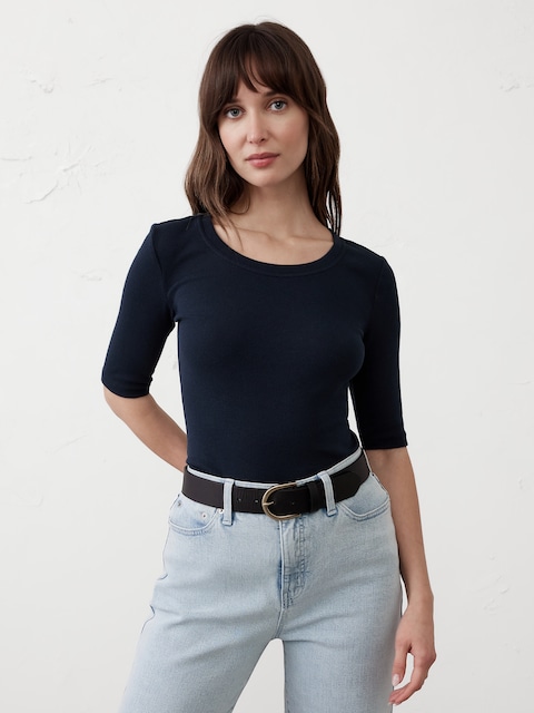 Ribbed Elbow-Sleeve T-Shirt