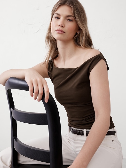 Soft Stretch Shirred-Waist Boat-Neck Top