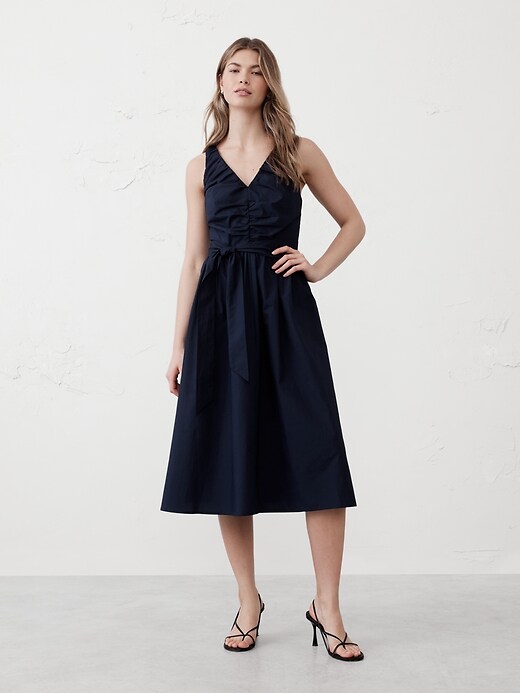 Poplin Shirred Midi Dress