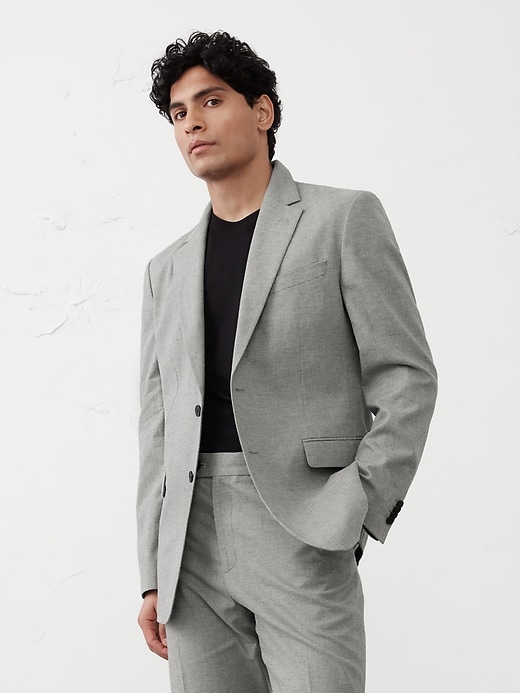 Tailored-Fit Linen-Blend Grey Mini Houndstooth Suit Jacket