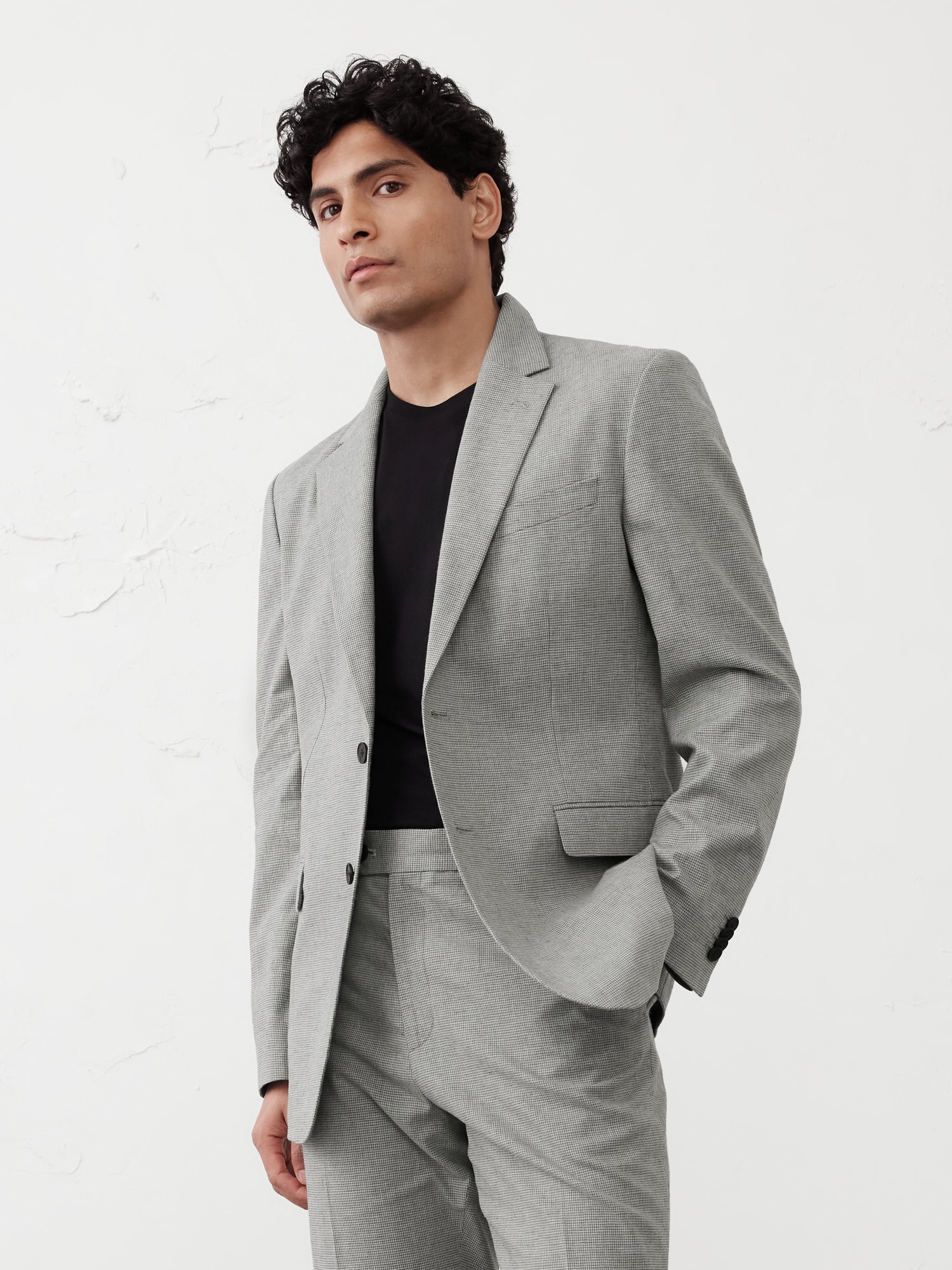 Tailored-Fit Linen-Blend Grey Mini Houndstooth Suit Jacket