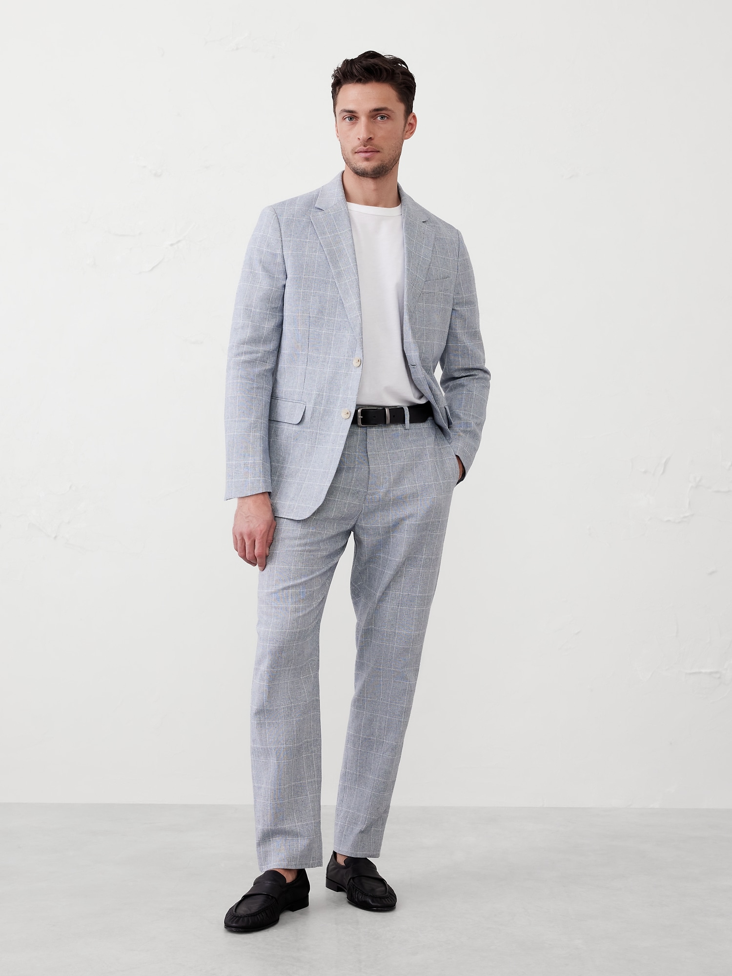 Tailored-Fit Linen-Blend Blue Glen Plaid  Suit Trouser