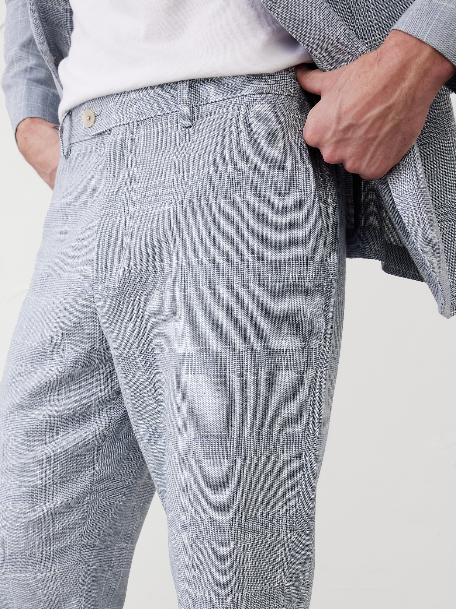 Tailored-Fit Linen-Blend Blue Glen Plaid  Suit Trouser