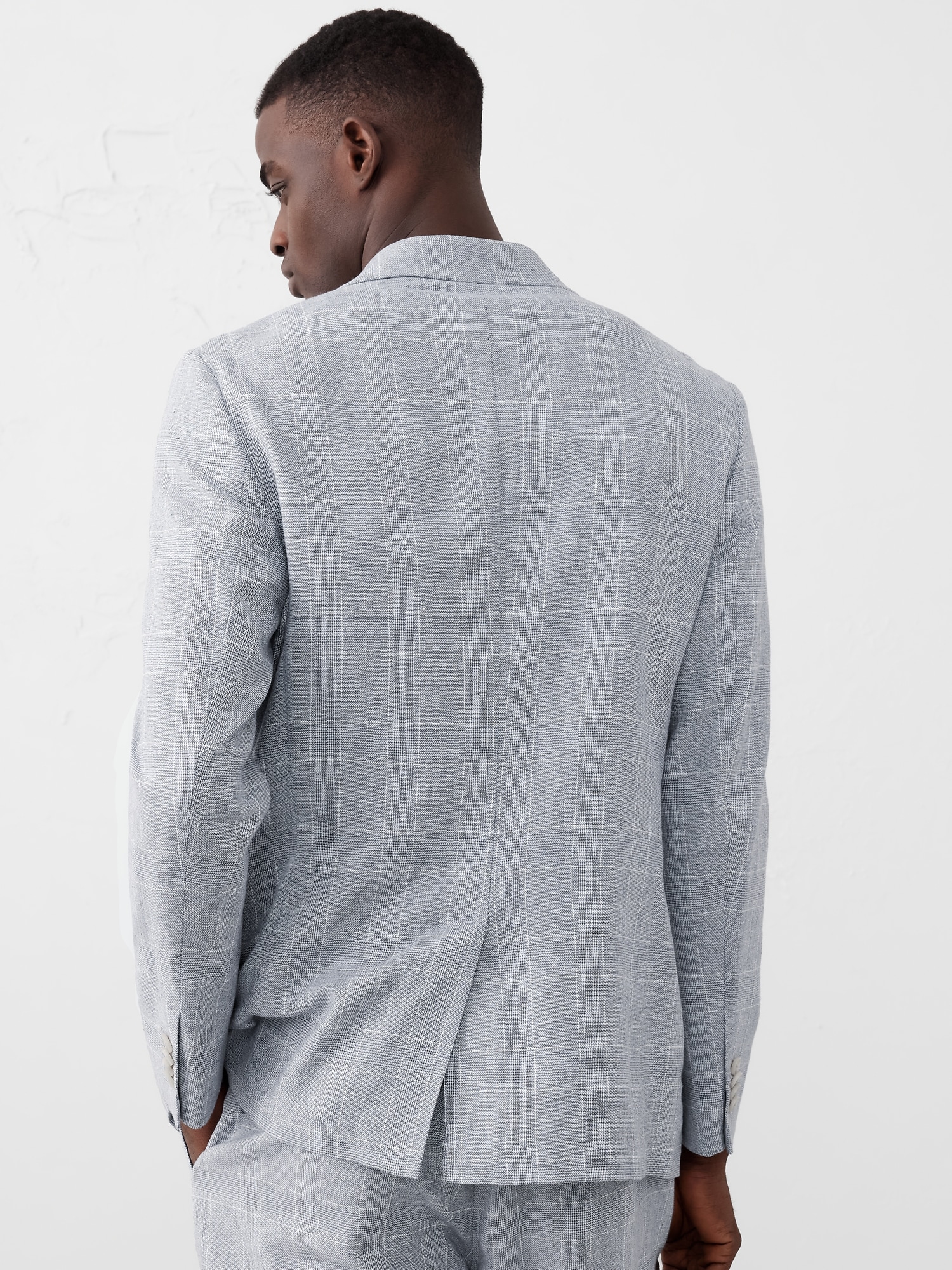 Tailored-Fit Linen-Blend Blue Glen Plaid Suit Jacket