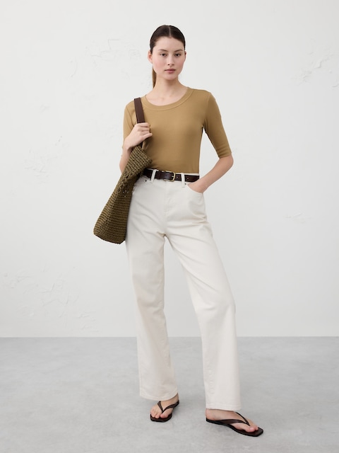 Ribbed Elbow-Sleeve T-Shirt