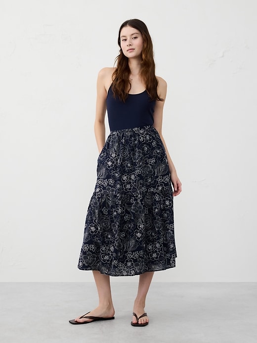 Linen-Blend Buttoned Midi Skirt