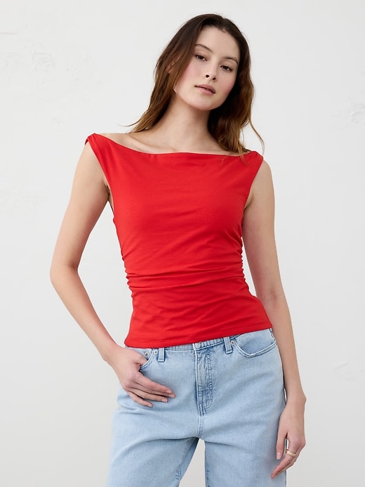 Soft Stretch Shirred-Waist Boat-Neck Top