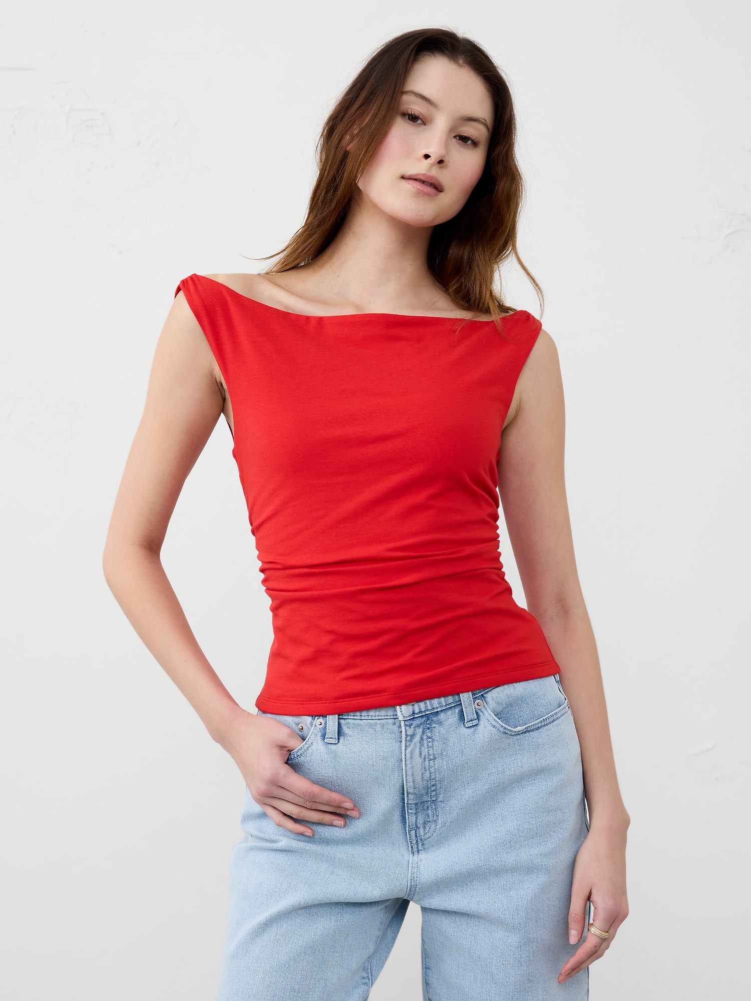 Soft Stretch Shirred-Waist Boat-Neck Top