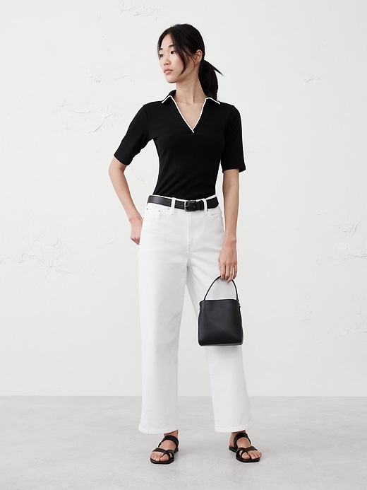 Ribbed Elbow-Sleeve Polo