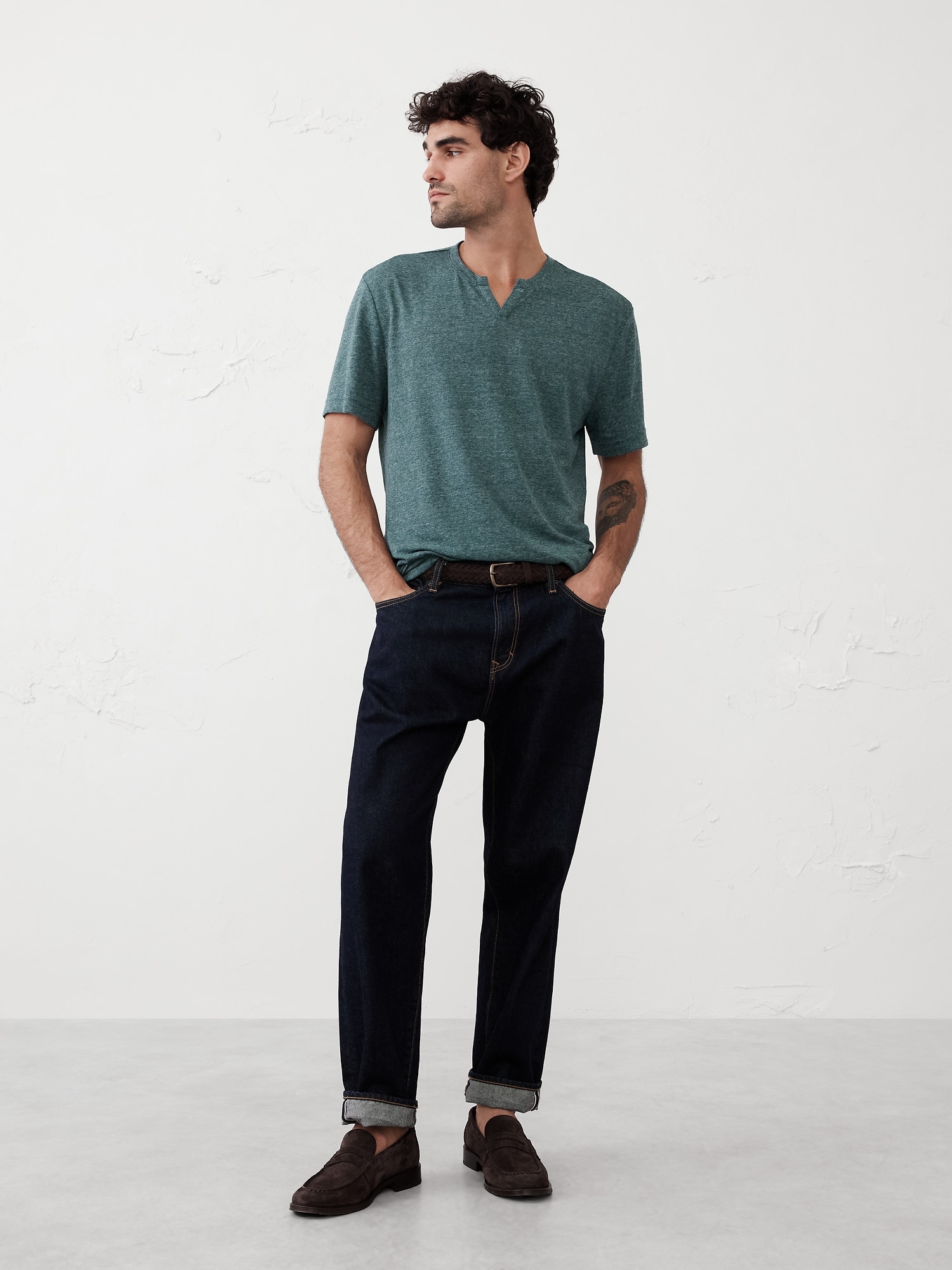Linen-Blend Notch-Neck T-Shirt