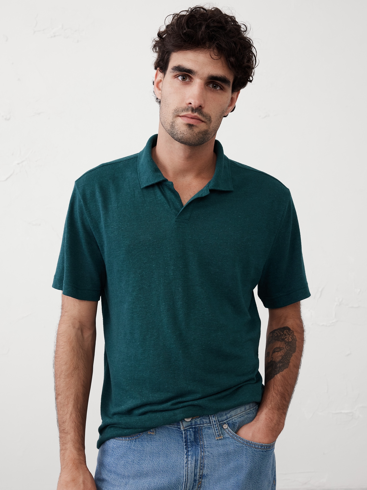 Linen-Blend Johnny Collar Polo