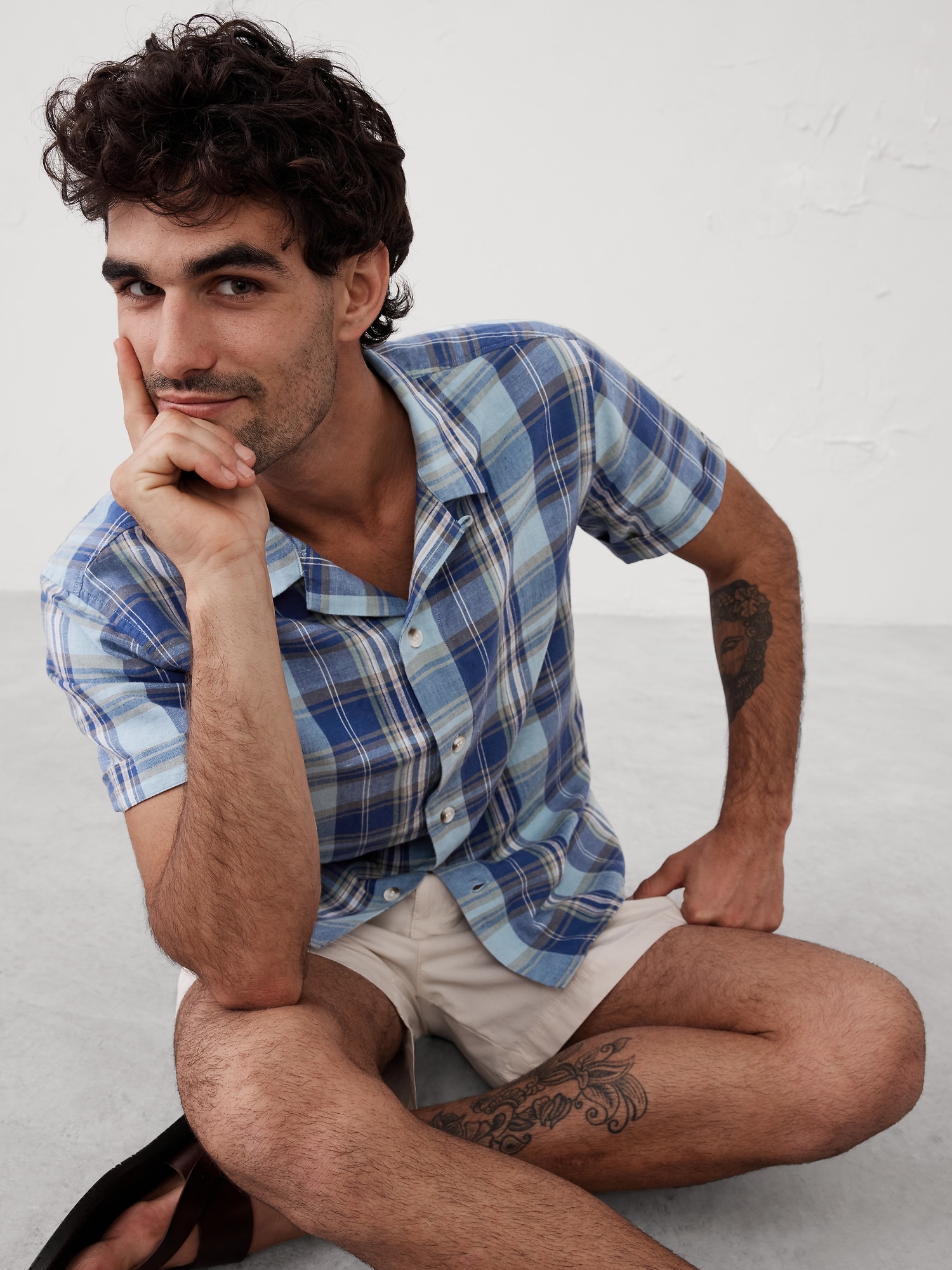 Standard Fit Linen-Blend Resort Shirt - Blue