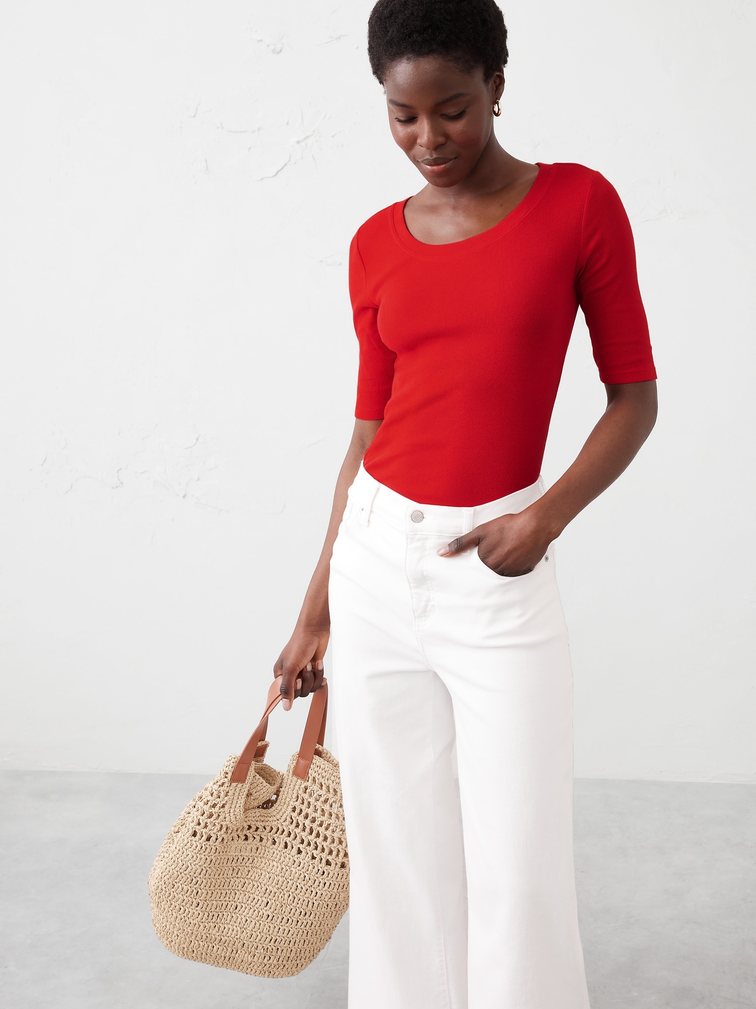 Ribbed Elbow-Sleeve T-Shirt