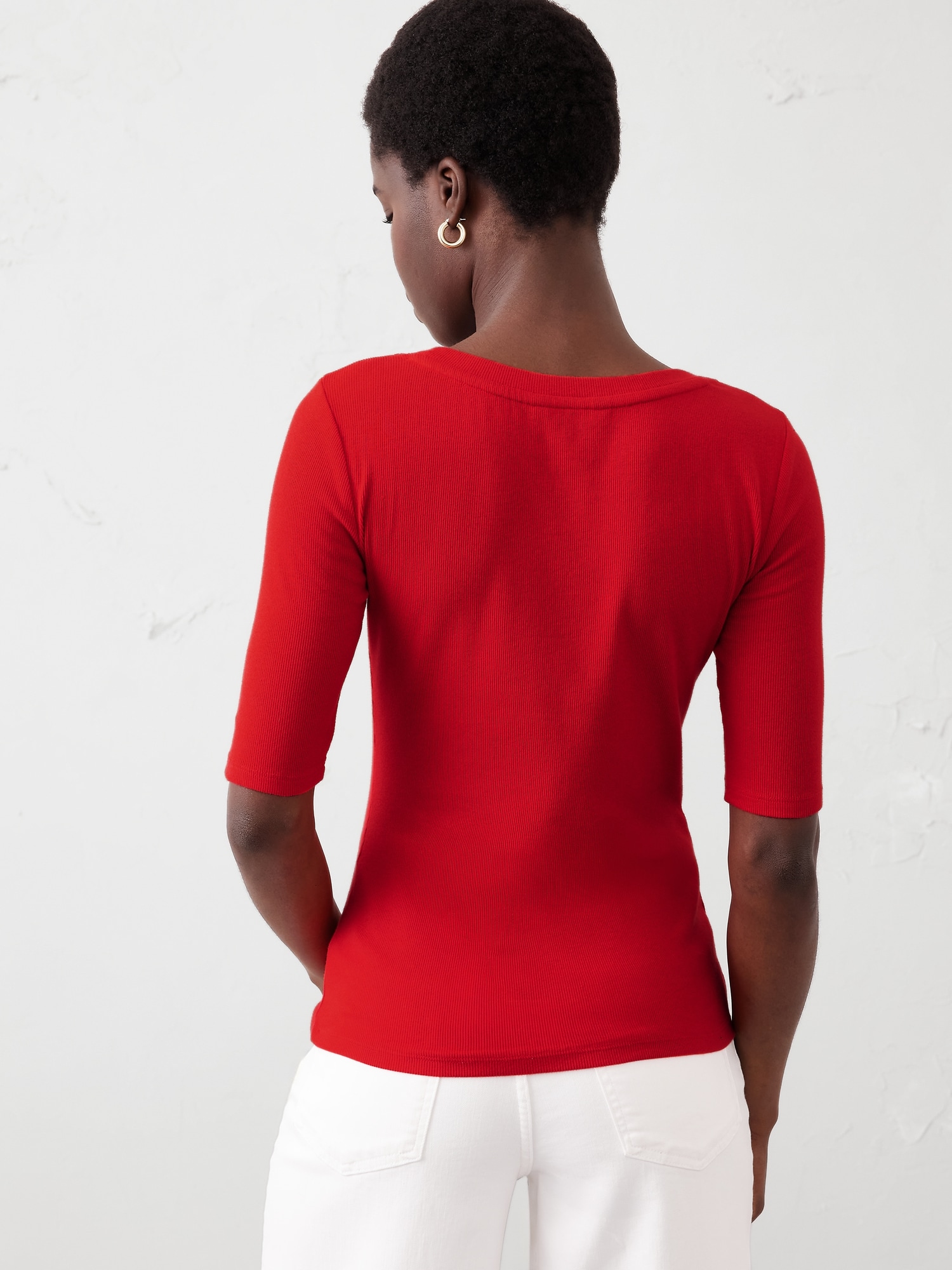 Ribbed Elbow-Sleeve T-Shirt